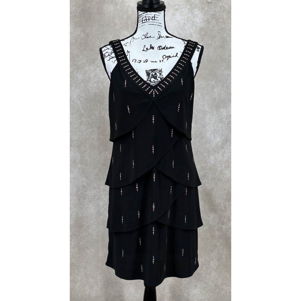 White House Black Market Black Tiered Studded Dress Size Small Sleeveless V-Neck